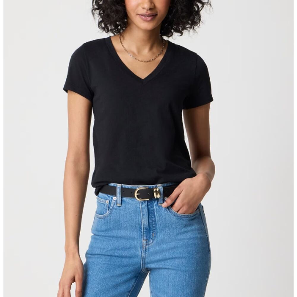 J.Crew Short-Sleeve Vintage Cotton V-Neck Tee WMNS M Black Slim Fit Lightweight